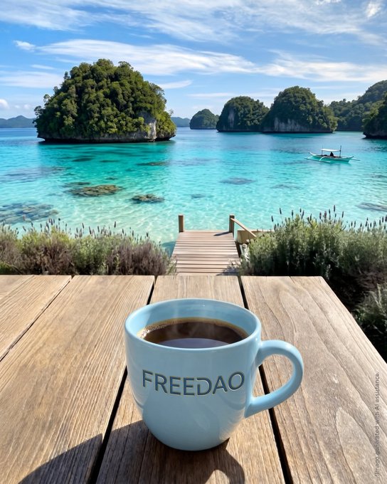 A scenic view of turquoise tropical waters with limestone islands, a wooden pier, and a white mug labeled 'FREEDAO' filled with coffee in the foreground.