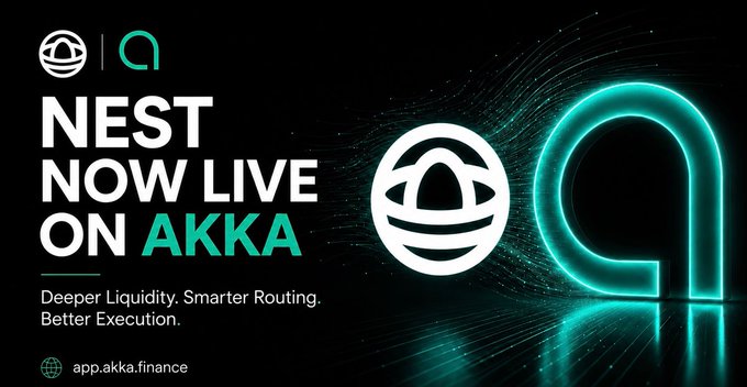 The image features a banner for Nest Now Live On AKKA, which is an exchange that allows users to invest in cryptocurrency markets directly from their smartphones or computers. The banner includes a white circle with a green outline and the words "Nest" and "Now Live on AKKA". It also displays text about the integration of Nest Exchange into AKKA's routing engine, highlighting how it can lead to deeper liquidity, better execution, and more sources for trading.