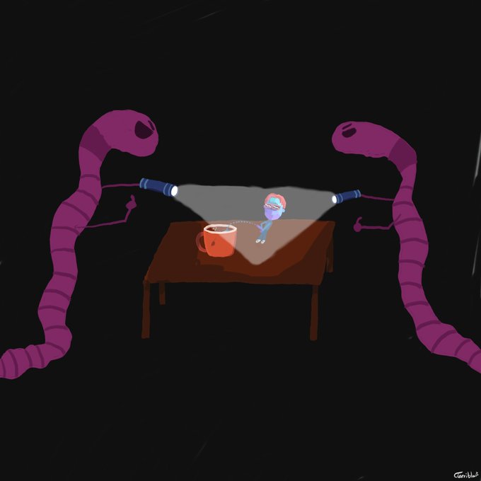 A 2D digital illustration depicting two purple worm-like creatures interrogating a small blue figure with flashlights over a desk with a coffee mug, signed 'TomSlik' in the corner.