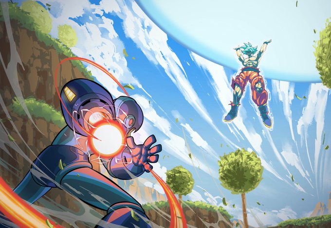 The image shows a dramatic battle scene styled after the anime Dragon Ball, with Mega Man firing an energy blast at Goku, who is deflecting it mid-air — visually representing the post's announcement of bringing "skill-based betting" to Solana via Degen_Duel, with the epic showdown symbolizing competitive wagering.