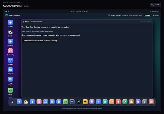 A screenshot of a CLAWD Computer desktop interface showing the ClawBot Desktop application with a sidebar menu containing options like 'Sculpt', 'Quo Bot', 'Browser', 'Jupyter', and 'Paper Computer'.