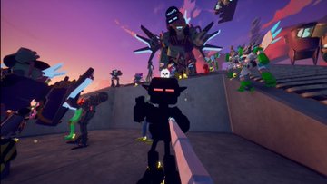 A first-person screenshot from a 3D video game showing a robotic mech character holding a weapon in a colorful sci-fi environment with other characters and vehicles.