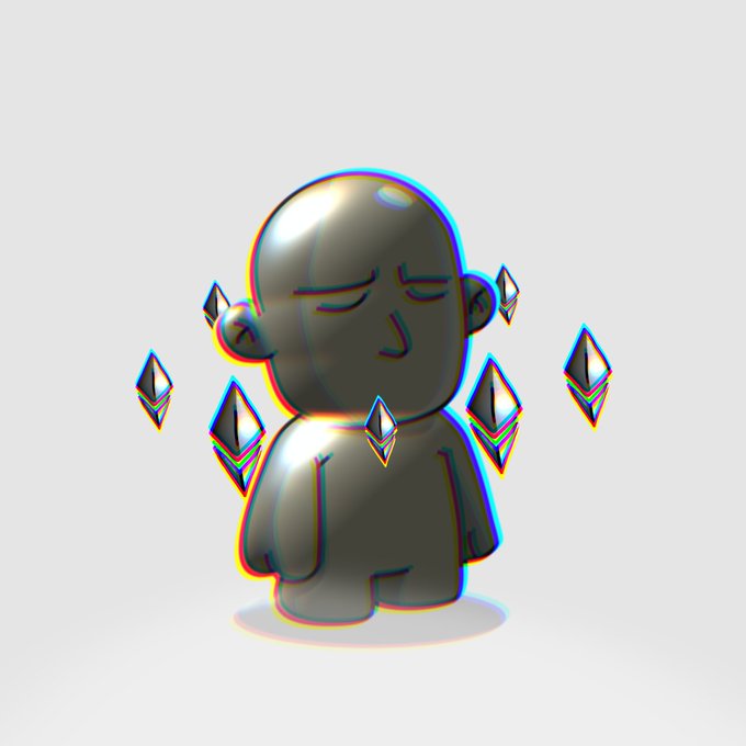 A stylized gray, metallic "Minion" character with closed eyes stands surrounded by floating Ethereum-style diamond crystals, featuring a chromatic aberration glitch effect. The artwork ties into the referenced NFT project @theminionxyz, blending the playful minion aesthetic with crypto-themed visual elements.