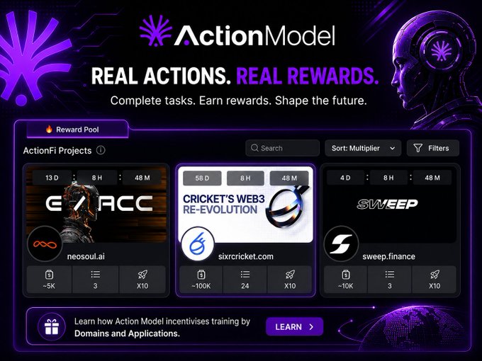 A dark-themed promotional webpage for 'ActionModel' with the tagline 'REAL ACTIONS. REAL REWARDS,' displaying a Reward Pool section with three ActionFi Projects: G/ACC (neosoul.ai), Cricket's Web3 Re-Evolution (sixrcricket.com), and SWEEP (sweep.finance).