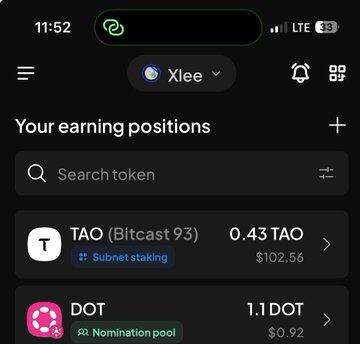 A mobile app screenshot showing a crypto staking dashboard for 'Xlee' with earning positions, including 'TAO (Bitcast 93)' at 0.43 TAO ($102.56) and 'DOT' at 1.1 DOT ($0.92).