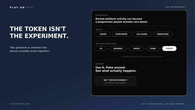 A webpage for "PLAY ON MINT" titled "The Experiment" displays the headline "THE TOKEN ISN'T THE EXPERIMENT," followed by a description questioning whether platform pieces work together, alongside a technical diagram of a reaction chain from XP to Status.