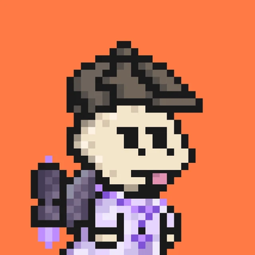 A pixel-art illustration of a character wearing a brown hat and light purple shirt, holding a dark object, set against an orange background.
