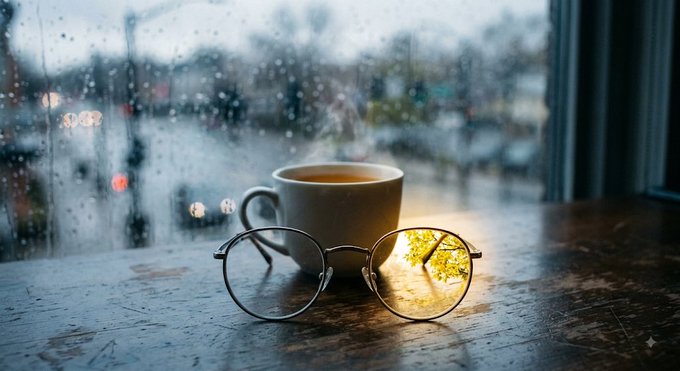 A steaming cup of coffee sits on a window ledge next to round sunglasses, with raindrops visible on the window overlooking a street.