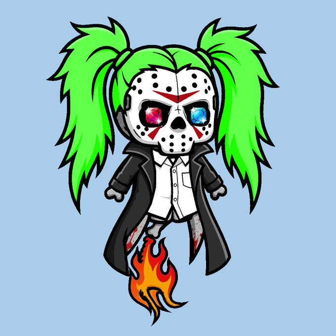 A cartoon chibi character with bright green pigtails wearing a hockey mask reminiscent of Jason Voorhees, dressed in a black trench coat with a flame at its base.