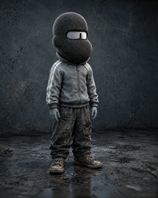A stylized dark image of a cartoonish figure wearing a gray hoodie and tracksuit, with a face resembling a bomb with a fuse.