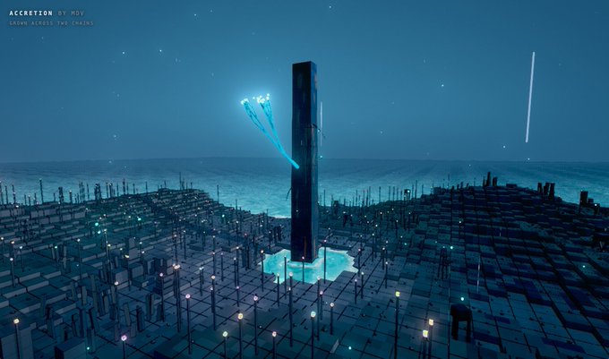 A dark monolith rises from a pixelated landscape with glowing accents, capturing the evocative 3D aesthetic of ACCRETION by mdv, whose title appears in the upper-left corner. The scene reflects the post's intrigue about the artwork's dynamic, generative nature, hinting at the evolving "ORBIT mechanic" that distinguishes it from a static NFT drop.