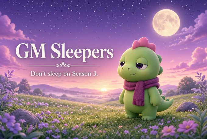 Promotional graphic featuring a green cartoon dinosaur character wearing a pink scarf with text 'GM Sleepers' and tagline 'Don't sleep on Season 3.' set against a dreamy purple landscape with a moon