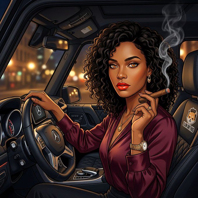 A stylized digital illustration of a woman with curly hair holding a cigar while driving a Mercedes-Benz car at night, with a 'GLIZZY ON THIS' patch on the seat.