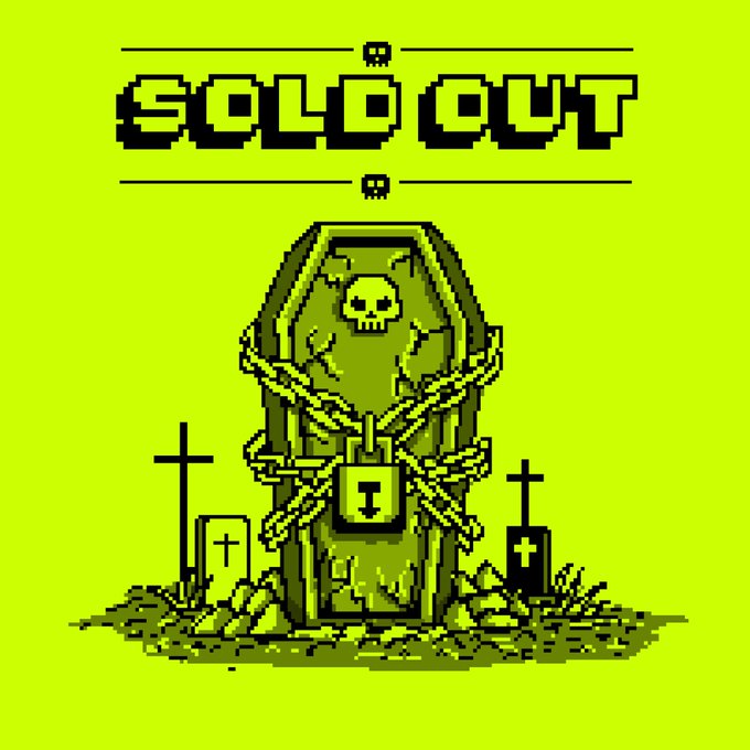 The image is a pixel-art style graphic featuring the text "SOLDOUT" above a chained, locked coffin adorned with a skull, flanked by crosses and gravestones on a lime green background—visually symbolizing a failed or "dead" NFT mint. This reinforces the post's somber tone, as only 200 out of a guaranteed 4,210 wallets minted before the project was effectively laid to rest.