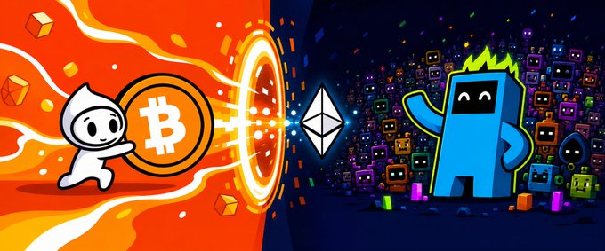 A colorful illustration contrasts a hooded Bitcoin character launching coins through a portal against a crowd of Ethereum characters.