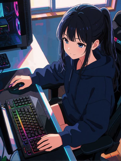 An anime-style illustration depicts a young woman with long dark hair tied in a ponytail, wearing a dark hoodie and sitting at a desk using a colorful RGB gaming keyboard and mouse in front of a glowing monitor.