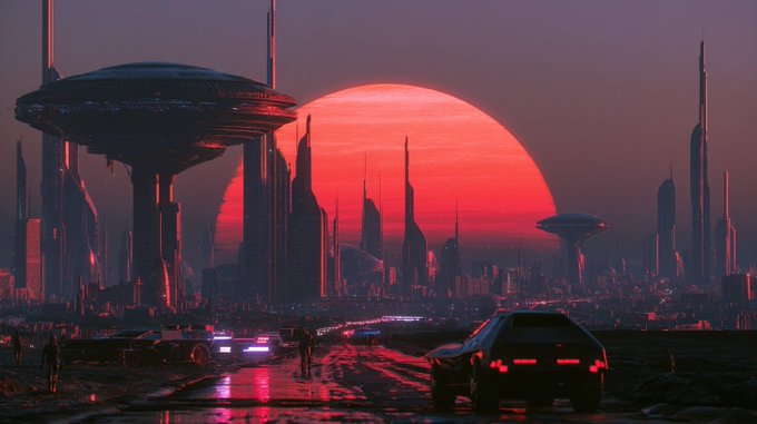 A futuristic cyberpunk cityscape at sunset, featuring a massive red sun, towering skyscrapers, and futuristic cars with glowing taillights on a wet road.