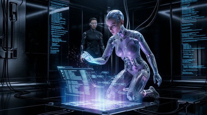 A sci-fi scene depicting a humanoid robot kneeling before a holographic code display while a person in black observes from behind, surrounded by screens of code.