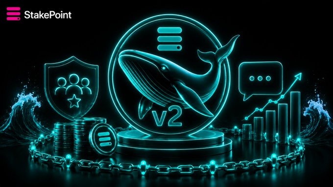 A neon-style promotional graphic for StakePoint featuring a glowing cyan whale with 'v2' beneath it, surrounded by icons including a shield, speech bubble, and rising chart, with chains at the bottom.