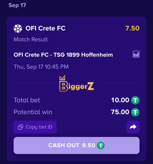 A betting slip from BiggerZ shows a $10 USDT wager on OFI Crete FC at odds of 7.50 for the match against TSG 1899 Hoffenheim on Thu, Sep 17 at 10:45 PM, with a potential win of 75.00 USDT and a current cash out option of 9.50 USDT, directly illustrating the user's locked-in BiggerZ Originals pick.