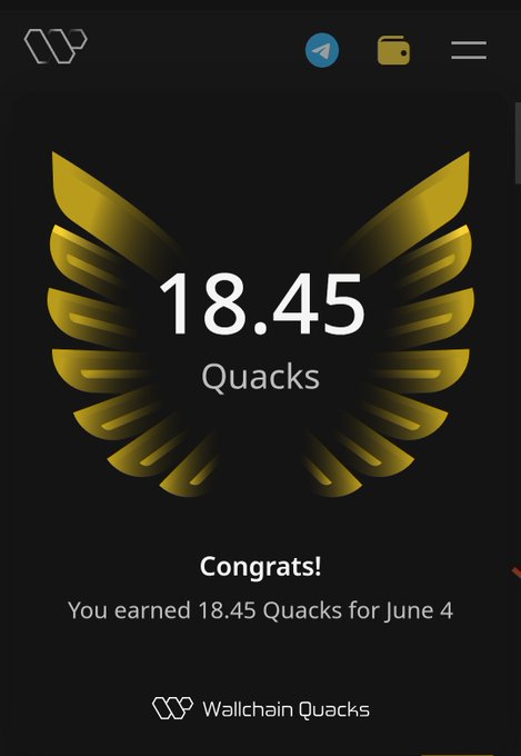 The image features a phone screen displaying the results of Quacks, with a gold bird-like design above the number 18.45. The phrase "Congratulations! You earned 18.46 Quacks for June 4" congratulates the user for scoring well in the game. The main focus is on the progress and accomplishment achieved through participation in Quacks.