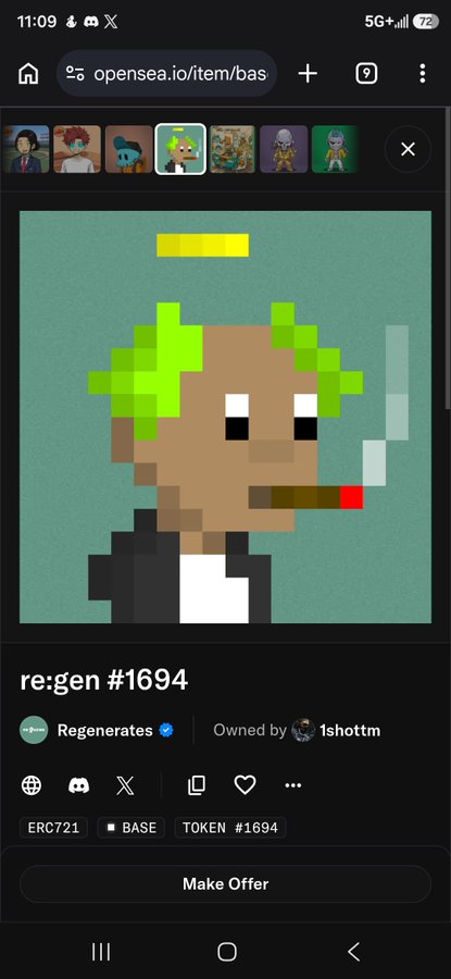 OpenSea mobile page showing a pixel art NFT 're:gen #1694' depicting a character with green hair and a cigarette, ERC721 token on BASE, owned by 1shottm.