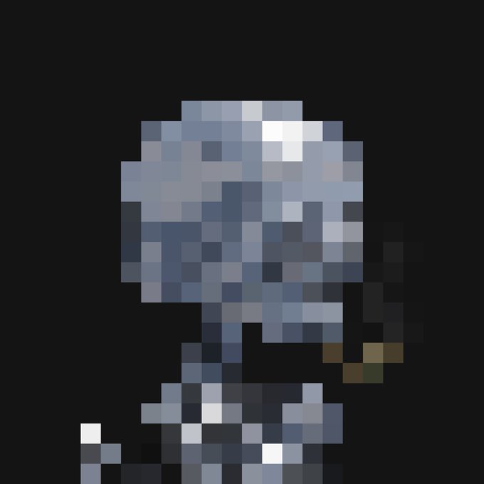 A pixelated image of a small blue-gray creature or sprite with white accents on a black background.