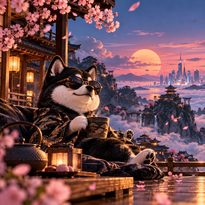 A digital illustration of a Shiba Inu dog wearing sunglasses and a patterned robe, reclining while holding a teacup against a vibrant backdrop of cherry blossoms, a sunset, and a futuristic Asian-inspired skyline.