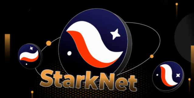 A graphic displaying the StarkNet logo with a stylized red and white emblem on a dark blue circular background, surrounded by smaller versions of the logo.