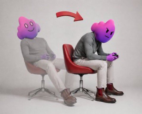 Two figures sit on red chairs with star-shaped heads, transitioning from a happy smiling face to an angry frustrated face, indicated by an arrow pointing right.