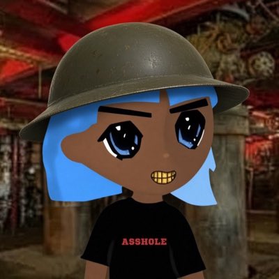 A 3D animated-style character with blue hair wears a military helmet and a black t-shirt that reads 'ASSHOLE' in pink lettering.