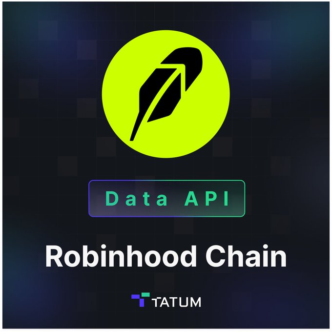 A graphic with a dark checkered background displaying a neon green circle with a black quill logo, accompanied by text boxes reading 'Data API', 'Robinhood Chain', and 'TATUM'.
