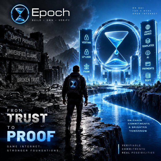 A promotional graphic for "Epoch" with the tagline "BUILD • OWN • VERIFY" and "FROM TRUST TO PROOF." It depicts a man walking toward a glowing hourglass, alongside a list of features including Vesting, LP Lock, Farm, Epoch Names, Templates, AI, Payments, and SEPT.