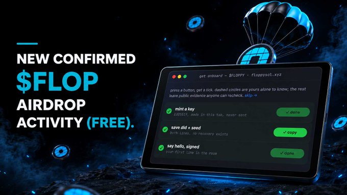 Promotional graphic announcing a "NEW CONFIRMED $FLOP AIRDROP ACTIVITY (FREE)" featuring a laptop displaying onboarding tasks (mint a key, save DID + seed, say hello, signed) for floppy'sol.xyz, with a stylized parachute carrying the Floppy coin logo descending against a dark, smoky background to visually reinforce the free airdrop and onboarding steps mentioned in the post.