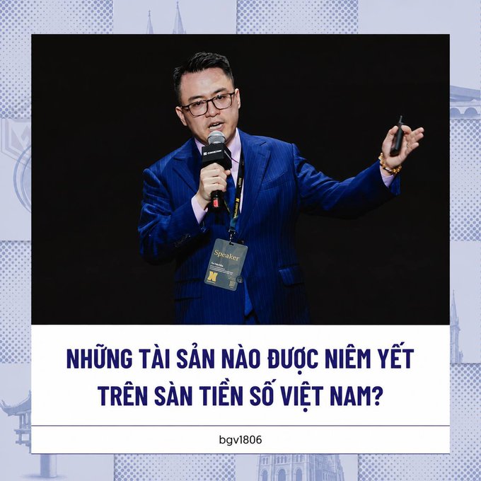 Graphic featuring a man in a blue pinstripe suit speaking into a microphone with a 'Speaker' badge, above Vietnamese text reading 'NHỮNG TÀI SẢN NÀO ĐƯỢC NIÊM YẾT TRÊN SÀN TIỀN SỐ VIỆT NAM?' (What assets are listed on Vietnam's digital asset exchange?).
