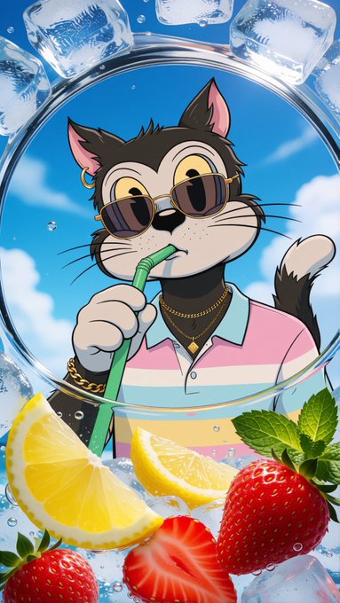 An anime-style illustration of a cool cat wearing sunglasses and a gold chain, drinking from a straw inside a glass surrounded by ice cubes, lemon slices, and strawberries.