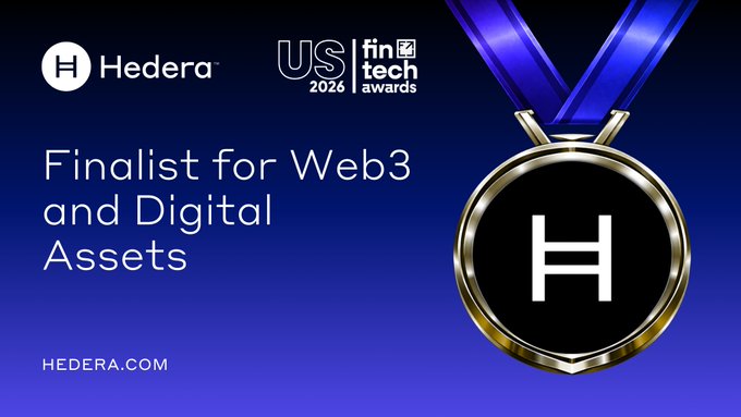 A promotional graphic from Hedera announcing they are a 'Finalist for Web3 and Digital Assets' at the US 2026 FinTech Awards, featuring a gold medal.