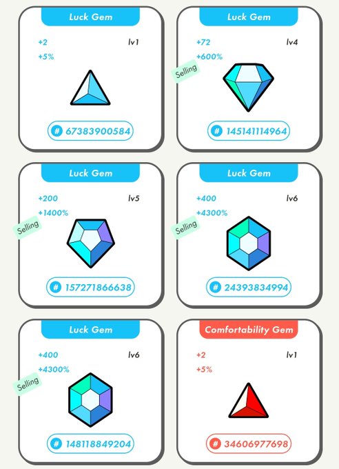 The image shows six different types of gemstones, each with a unique shape and color, displayed on a white background. The text "LUCK GEM" is written above them, indicating that these are the featured gemstones. The gemstones are arranged in two rows, with three in the top row and four in the bottom row. Each gemstone has its own description, providing information about their properties or uses.