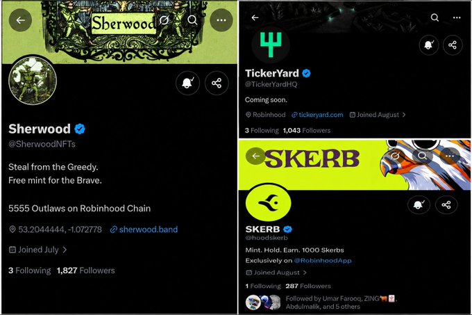 A collage of four Twitter/X profile screenshots for NFT and crypto projects including Sherwood (@SherwoodNFTs), TickerYard (@TickerYardHQ), and SKERB (@hoodskerb), all on Robinhood Chain.