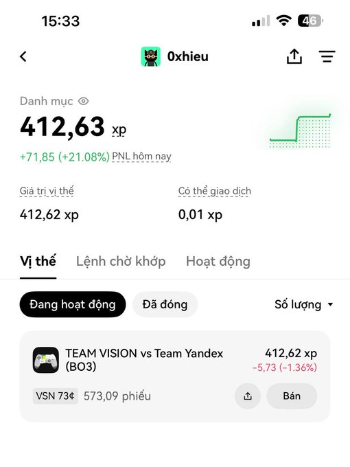 A mobile trading app screenshot showing a Vietnamese user with 412.63 xp in a 'TEAM VISION vs Team Yandex' prediction market, down 1.36% for the day.