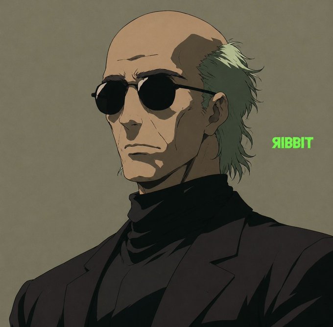 An anime-style illustration depicts a bald, older man wearing round dark sunglasses and a black turtleneck under a dark suit, with green hair sticking out on the sides and a serious expression, accompanied by the green text "ЯIBBIT" beside him. The image visually represents the "$TIBBIR" token announcement, with the character's frog-like green hair and the "ЯIBBIT" text alluding to the "ribbit" frog sound associated with the ticker name.