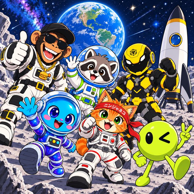 A colorful cartoon illustration featuring a monkey, raccoon, robot, cat, and alien characters dressed as astronauts on a lunar surface with Earth and a rocket in the background.