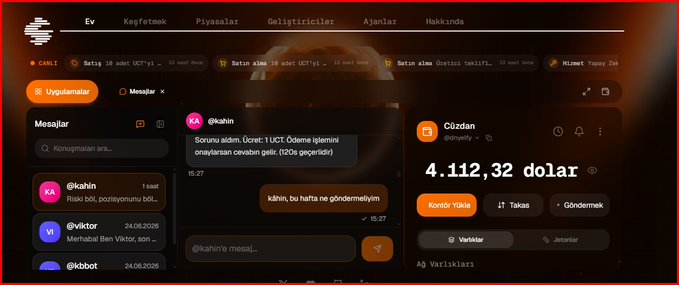 A dark-themed cryptocurrency or messaging dashboard in Turkish, showing a wallet balance of '4.112,32 dolar', a chat conversation with @kahin, and a messages sidebar.