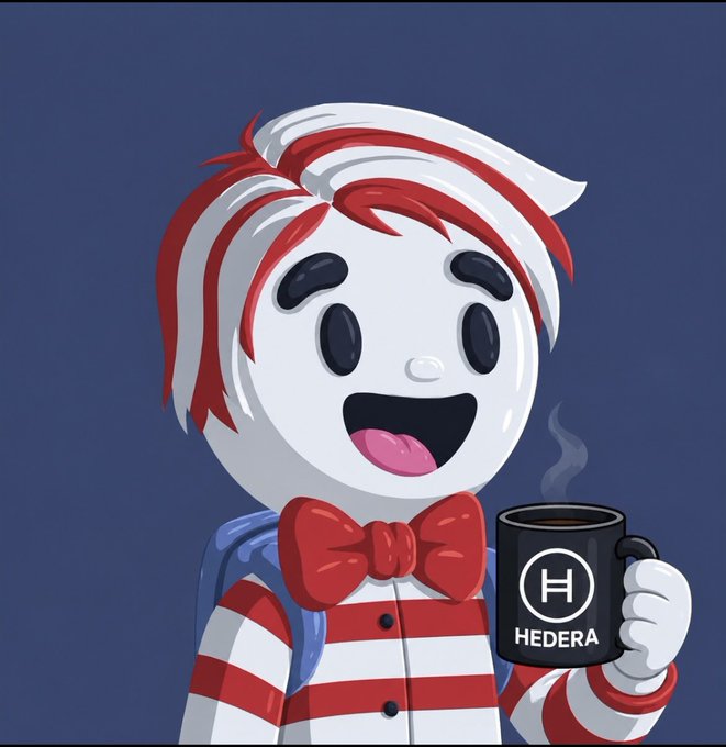 A cartoon mascot with red and white striped hair, wearing a red bowtie and striped shirt, smiles while holding a black mug that says 'HEDERA'.