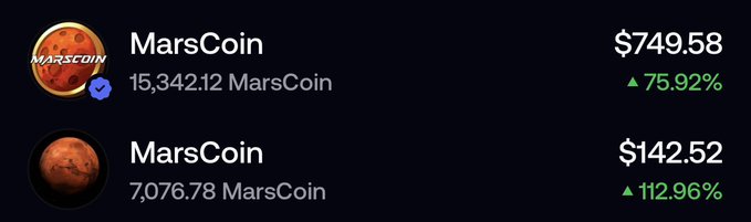 A cryptocurrency portfolio display showing two MarsCoin holdings with values of $749.58 (+75.92%) and $142.52 (+112.96%).