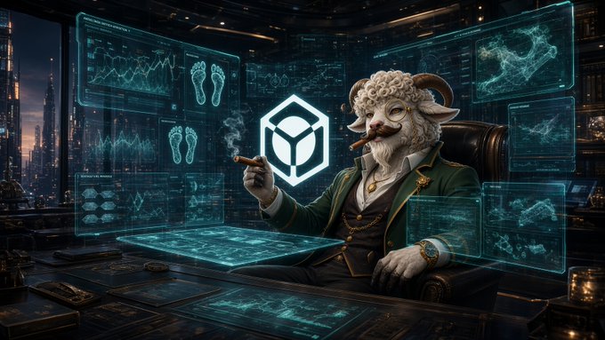 A digital artwork of an anthropomorphic sheep character with curled horns, wearing a suit and smoking a cigar, seated before holographic screens displaying data and the Crypto.com logo.