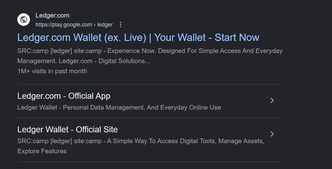 A Google search results page for 'Ledger.com' showing sponsored ads for 'Ledger.com Wallet (ex. Live) | Your Wallet - Start Now' and official Ledger app listings.