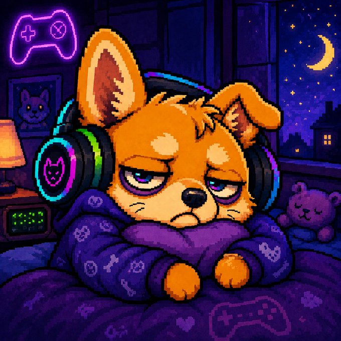 A pixel art illustration of a tired-looking chihuahua wearing colorful headphones and a purple sweater, sitting in a cozy nighttime room with gaming decor and a window showing stars and a crescent moon.