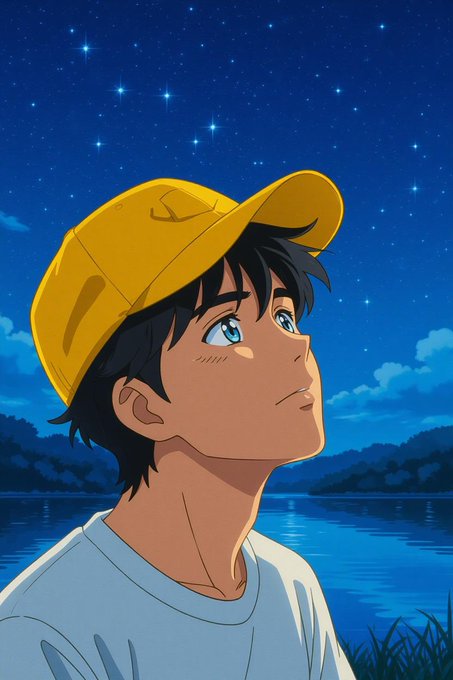 An anime-style illustration of a young boy with dark hair wearing a yellow cap, gazing up at a starry night sky beside a lake.