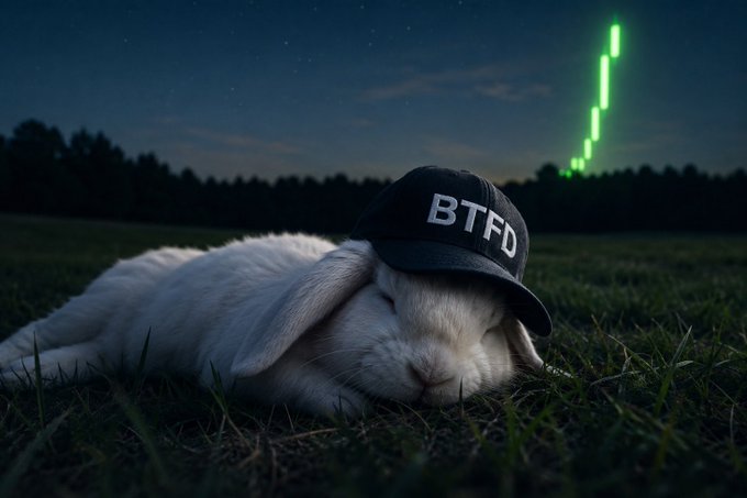 A white rabbit wearing a black cap with 'BTFD' (Buy The F***ing Dip) lies sleeping on grass at night, with a green candlestick chart pattern glowing in the starry sky above.